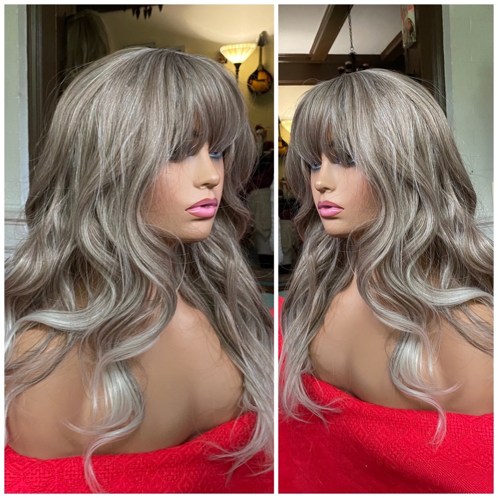 Mixed ash blonde balayage wig with bangs